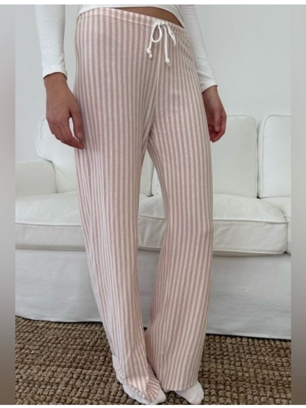 🌸Brandy Melville Anastasia Pink/White Striped Cozy Lounge Pants🌸